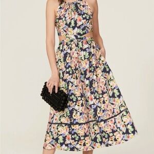 Something Navy Navy Floral Halter Midi Dress with Cutout
